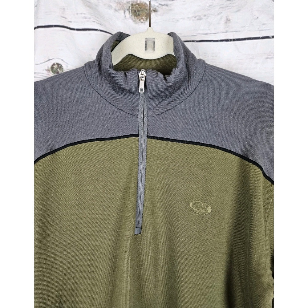 Icebreaker 320 Sport 1/4 Zip Pullover Mens L Merino Wool Base Layer Green Gray - Picture 2 of 8
